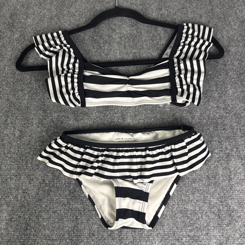 Janie and Jack Swimsuit Girls Size 5 Black White Striped Ruffles Two Piece